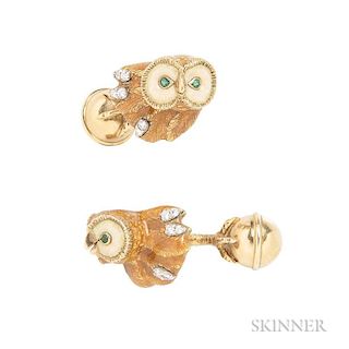 18kt Gold, Enamel, and Diamond Cuff Links, Tiffany & Co., Germany, designed as owls with gem-set eyes and full-cut diamond me