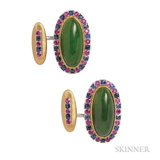 18kt Gold Gem-set Cuff Links, Gianmaria Buccellati, Italy, the oval nephrite cabochons framed by sapphires and rubies, 10.4 d