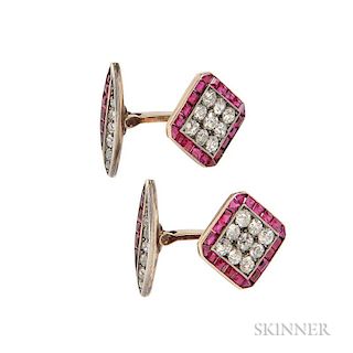 Ruby and Diamond Cuff Links, Austria-Hungary, c. 1920, with old mine-cut diamonds and channel-set rubies, silver and 14kt gol