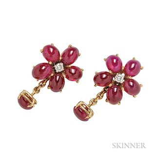 18kt Gold, Ruby, and Diamond Cuff Links, designed as cabochon ruby and full-cut diamond flowers.