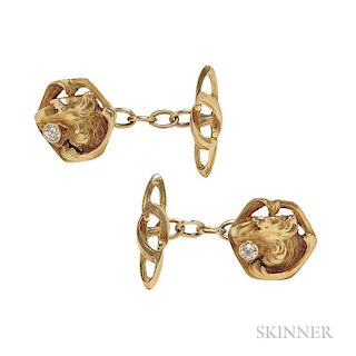 18kt Gold and Diamond Cuff Links, designed as lion's heads with old European-cut diamonds, 6.9 dwt.