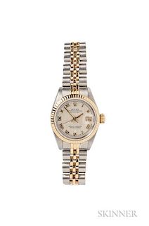 Lady's Gold and Stainless Steel Oyster Perpetual Datejust Wristwatch, Rolex, the ivorytone pyramid dial with roman numeral in