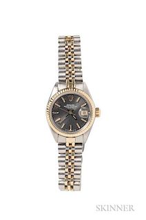 Lady's Gold and Stainless Steel Oyster Perpetual Date Wristwatch, Rolex, the slate dial with baton numeral indicators and dat