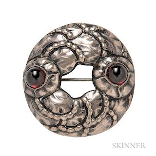 Silver and Garnet Brooch, Georg Jensen, Copenhagen, designed as a wreath with garnet cabochons, dia. 2 in., no. 42, signed.
