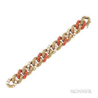 18kt Gold and Coral Bracelet Pomellato, c. 1960s, composed of thick textured links with red and pink coral, lg. 8 1/4 in., ma