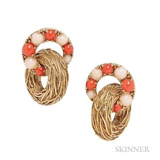 18kt Gold and Coral Earclips, Pomellato, c. 1960s, of interlocking hoops set with red and pink coral cabochons, 17.7 dwt, lg.