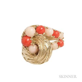 18kt Gold and Coral Ring, Pomellato, of interlocking textured and red and pink coral cabochons, 8.8 dwt, size 8, maker's mark