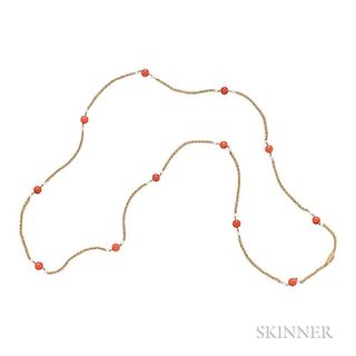 18kt Gold, Coral, and Cultured Pearl Long Chain, Pomellato, c. 1960s, the twelve coral beads each measuring approx. 8.20 mm, 