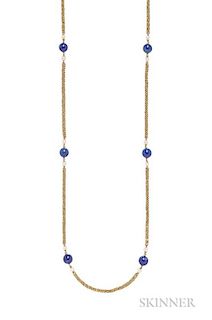 18kt Gold, Lapis, and Cultured Pearl Long Chain, Pomellato, c. 1960s, composed of twelve lapis beads each measuring approx. 8