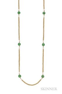 18kt Gold, Nephrite, and Cultured Pearl Long Chain, Pomellato, c. 1960s, composed of nephrite beads each measuring approx. 8.