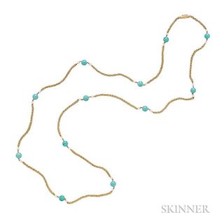 18kt Gold, Turquoise, and Cultured Pearl Long Chain, Pomellato, c. 1960s, composed of twelve turquoise beads each measuring a