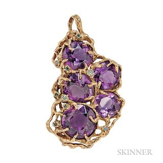 18kt Gold Amethyst, and Color-treated Diamond Pendant/Brooch, Arthur King, set with large circular-cut amethysts, and color-t