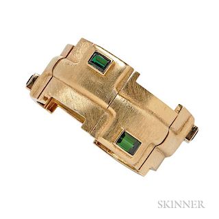 18kt Gold and Tourmaline Bracelet, Burle Marx, the articulated bracelet with bezel-set step-cut green tourmalines and brushed