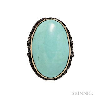 18kt Gold, Turquoise, and Diamond Ring, centering a large turquoise cabochon, rose-cut diamond accents, size 8.