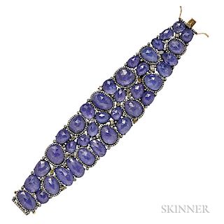 Tanzanite and Diamond Bracelet, the tapering strap with faceted tanzanites, diamond and colored diamond accents, blackened go