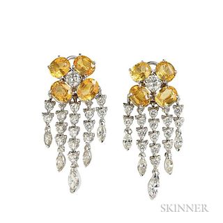 14kt Gold, Yellow Sapphire, and Diamond Earrings, each designed as a flower, lg. 1 3/4 in.