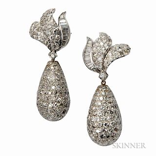 14kt White Gold and Diamond Earpendants, the foliate diamond tops set with thirty-two baguette and seventy-four full-cut diam