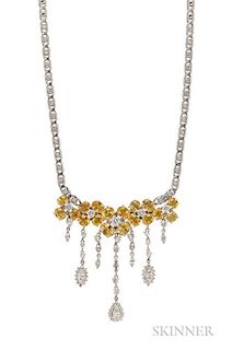 14kt Gold, Yellow Sapphire, and Diamond Necklace, designed as yellow sapphire and diamond flowers, lg. 17 1/2 in., (with late