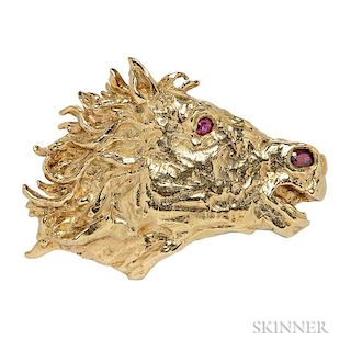 18kt Gold and Garnet Pendant/Brooch, Barbara Anton, designed as a horse head, 29.0 dwt, signed, wd. 2 3/4 in.