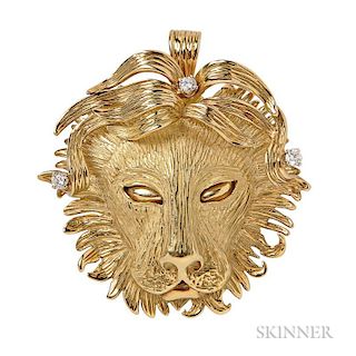 18kt Gold and Diamond Pendant/Brooch, designed as a lion's head, prong-set full-cut diamond highlights, 25.1 dwt, lg. 2 in.