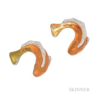Pair of 18kt Gold, Diamond, and Carved Fire Opal Carp Earclips, Vhernier, each with pave-set diamond fins, lg. 1 1/4 in., no.