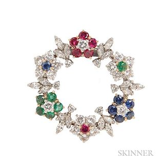 Diamond and Gemstone Clip Brooch, designed a wreath of sapphire, ruby, emerald and diamond flowers, approx. total diamond wt.