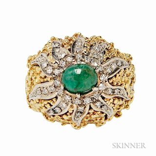 18kt Gold, Emerald, and Diamond Dome Ring, set with an oval cabochon emerald, single-cut diamond melee, 9.1 dwt, size 10 1/4.