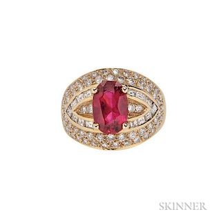 18kt Gold, Spinel, and Diamond Ring, the oval-cut spinel weighing 2.50 cts., with full- and baguette-cut diamonds, total wt. 