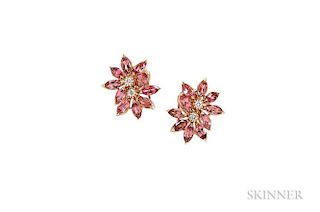 18kt Gold, Pink Tourmaline, and Diamond Flower Earclips, Asprey, with marquise-cut pink tourmalines and full-cut diamond mele