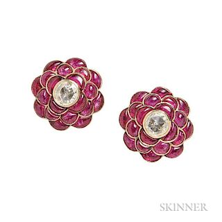 18kt Gold, Ruby, and Diamond Earrings, set with rose-cut diamonds and buff-top rubies, lg. 3/4 in.