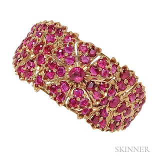 High-karat Gold and Ruby Bracelet, set with cushion-cut rubies, 67.3 dwt, interior cir. 6 3/8, wd. 1 1/4 in.