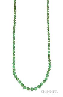 Jade Bead Necklace, composed of 102 beads graduating 4.50 to 9.50 mm, lg. 29 in.