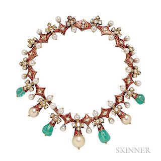 Gold, Emerald, Diamond, Cultured Pearl, and Enamel Necklace, Lotus Arts de Vivre, the red enamel links set with rose-cut diam