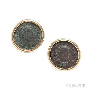 18kt Gold and Ancient Coin Earclips, Bulgari, each with a bezel-set coin, signed, lg. 1 in.