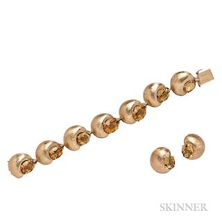 14kt Gold and Citrine Suite, Seaman Schepps, the bracelet designed as domed links with Florentine finish, each set with a cus