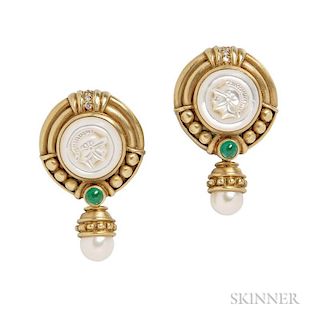 18kt Gold, Mother-of-pearl, Cultured Pearl, and Emerald Earclips, Judith Ripka, with full-cut diamond melee, 21.4 dwt, signed