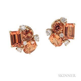 18kt Gold, Mandarin Garnet, and Diamond Earclips, Donna Vock, each designed as a cluster of garnets and full-cut diamond mele
