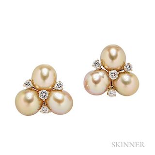 18kt Gold, South Sea Pearl, and Diamond Earclips, Donna Vock, each a cluster of golden pearls and full-cut diamonds, maker's 
