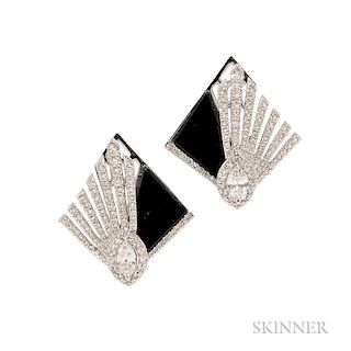 18kt White Gold, Onyx, and Diamond Earrings, the fan motifs set with marquise-cut diamonds and full-cut diamond melee, lg. 15