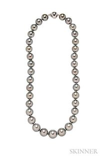 Tahitian Pearl Necklace, composed of thirty-five pearls graduating in size from approx. 11.00 to 13.90 mm, 14kt white gold cl