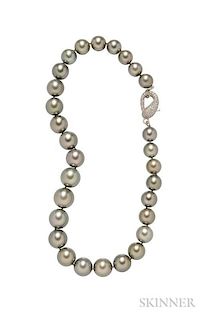 Tahitian Pearls and Diamond Necklace, composed of twenty-nine pearls graduating in size from approx. 11.30 to 15.20 mm, compl