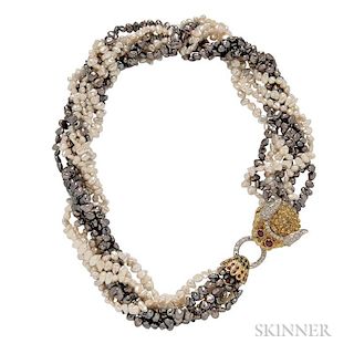 14kt Gold, Gemstone, and Freshwater Pearl Necklace, the clasp designed as an Asian dragon, lg. 21 in.
