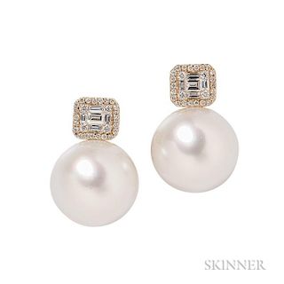 18kt Gold, South Sea Pearl, and Diamond Earrings, each pearl measuring approx. 15.00 mm, baguette- and full-cut diamond accen