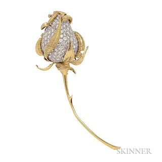 18kt Gold, Platinum, and Diamond Brooch, France, designed as a rose with full-cut diamond petals, approx. total wt. 7.50 cts.