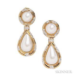 18kt Gold, Mabe Pearl, and Diamond Day/Night Earclips, each with removable drop, 22.5 dwt, lg. 2 1/8 in.