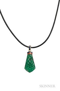 Emerald Pendant, the carved emerald with enamel cap, suspended from a cord, lg. 15 1/2 in.