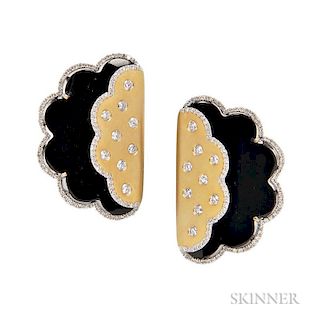 18kt Gold, Onyx, and Diamond Earrings, flush and bead-set with full-cut diamonds, lg. 1 in.
