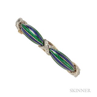 18kt Gold, Diamond, and Enamel Bracelet, in blue and green enamel, bead-set with full-cut diamond melee, 31.6 dwt, lg. 6 3/4 