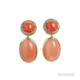 18kt Gold, Coral, and Orange Moonstone Earclips, Donna Vock, the coral cabochon framed by brown diamond melee and suspending 