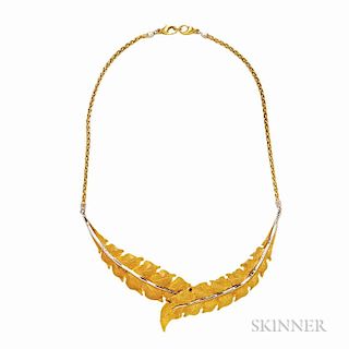 18kt Gold Necklace, Federico Buccellati, designed as two bicolor gold leaves, 25.6 dwt, lg. 16 1/2 in., signed.